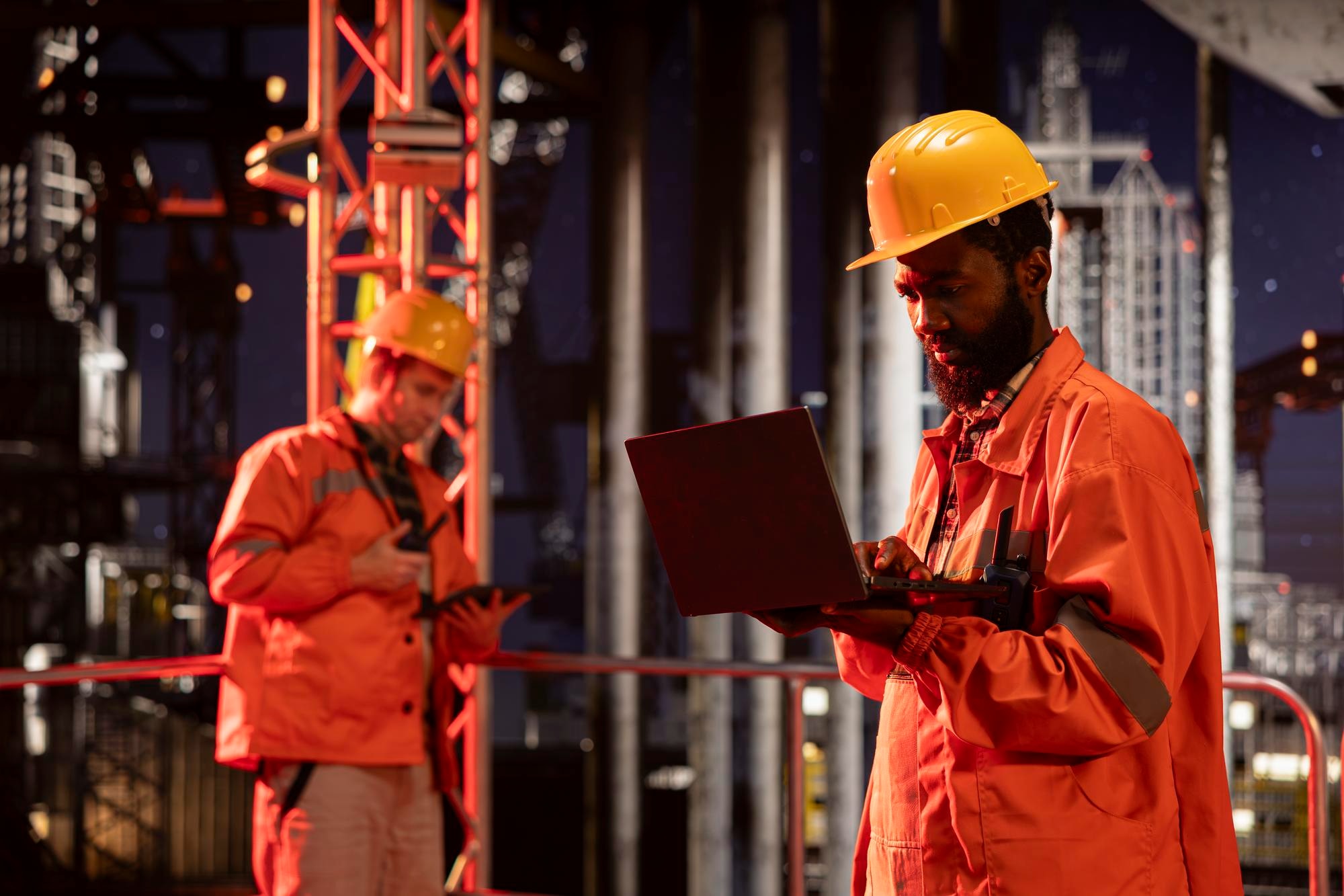 African energy professional reviewing operational data inside an industrial facility